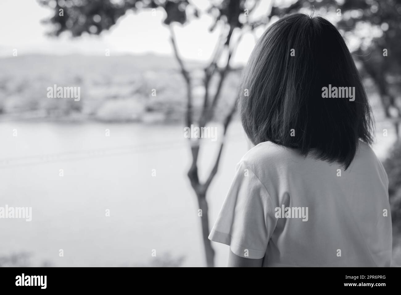 Vue arrière de la triste femme asiatique dans le parc regarder la vue sur le lac. Femme dépressive. Concept de santé mentale. Femme d'inquiétude et d'anxiété. Vie malheureuse. Personne seule et seule. Photographie en noir et blanc. Banque D'Images