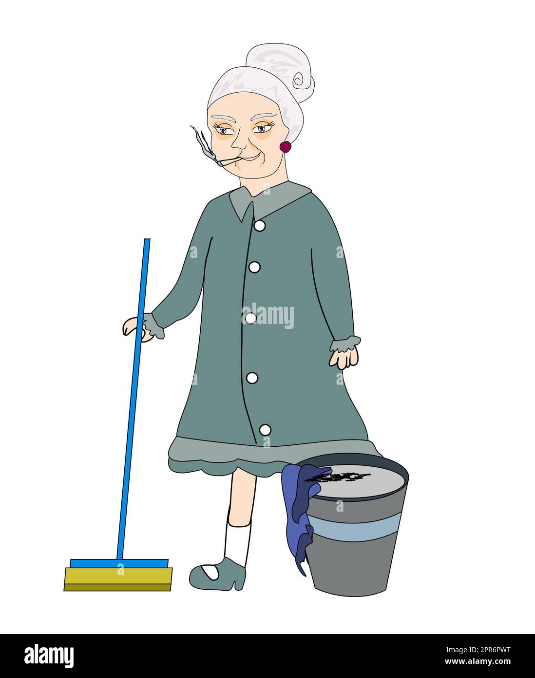 Personnage de femme de ménage avec un balai, illustration vectorielle, isolé sur fond blanc Banque D'Images