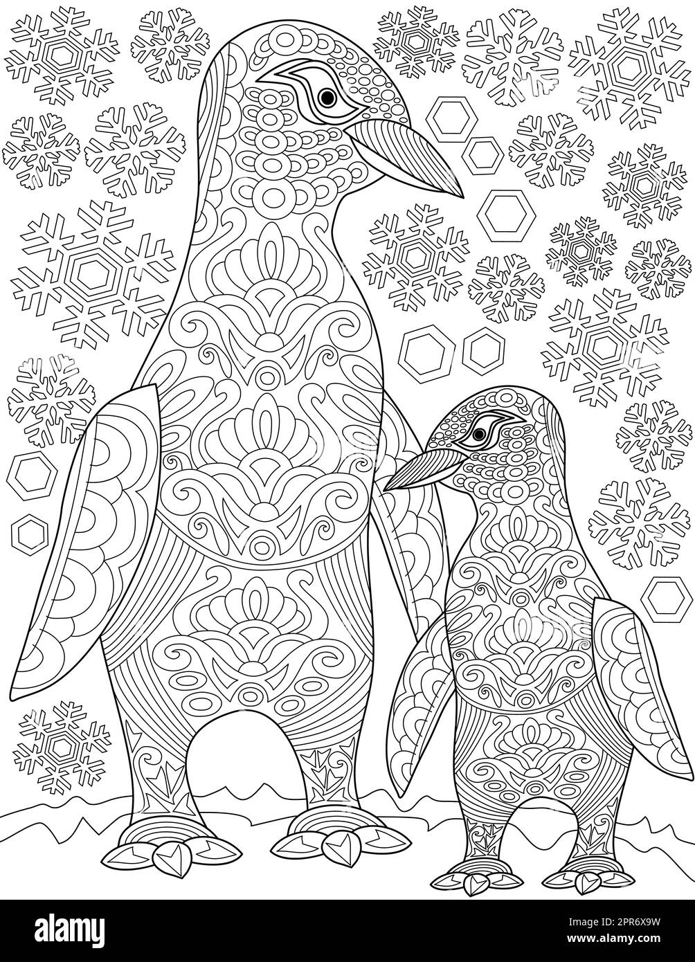 Page de livre de coloriage avec manchot de mère et d'enfant à pied avec flocons de neige en arrière-plan. Feuille à colorer avec deux oiseaux de mer heureux l'un à côté de l'autre. Banque D'Images