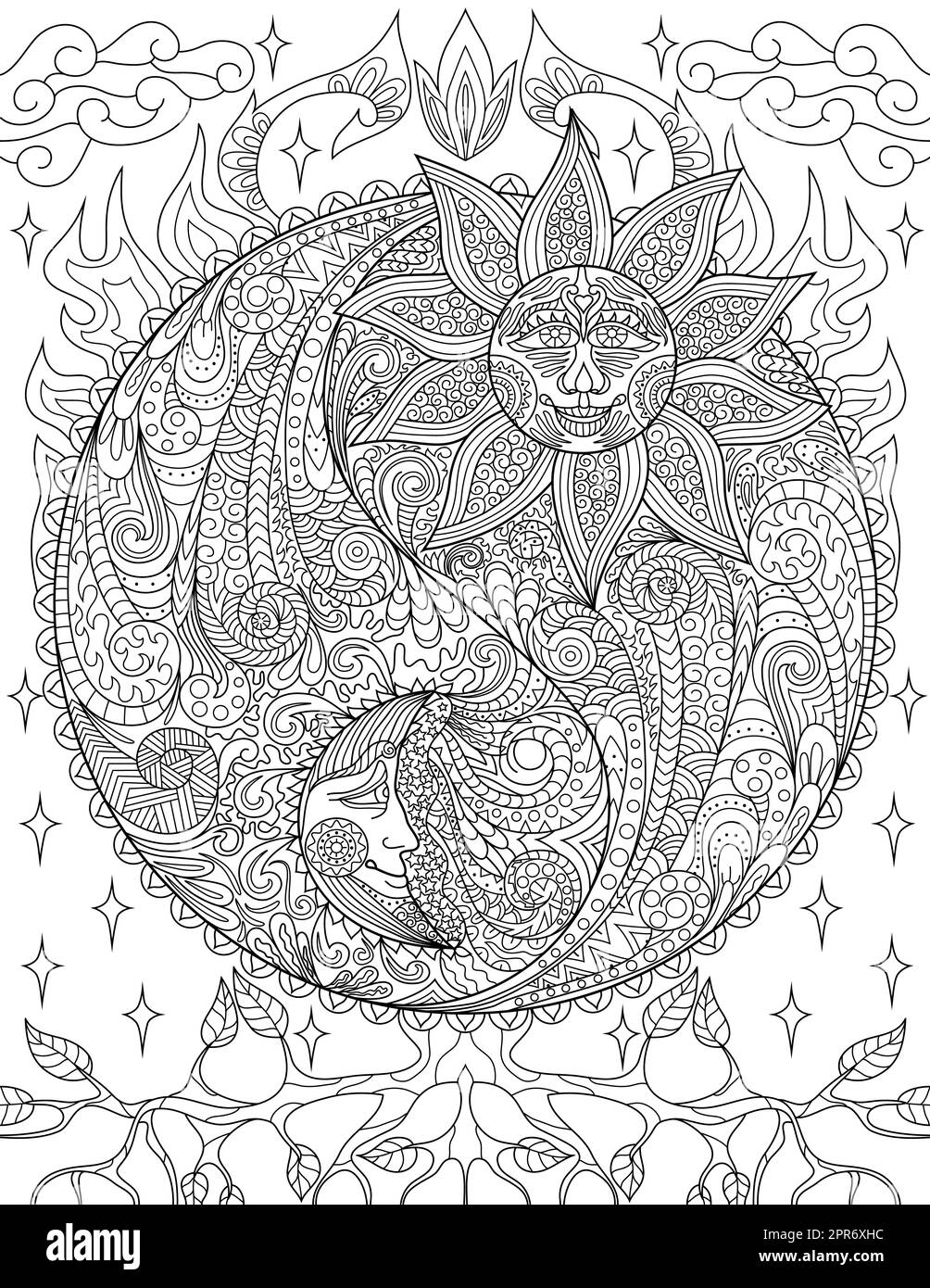 Page de livre de coloriage avec symboles Yin Yang avec Soleil d'un côté et Lune de l'autre. La feuille doit être colorée avec l'affiche présentant le jour et la nuit avec les feuilles en arrière-plan. Banque D'Images