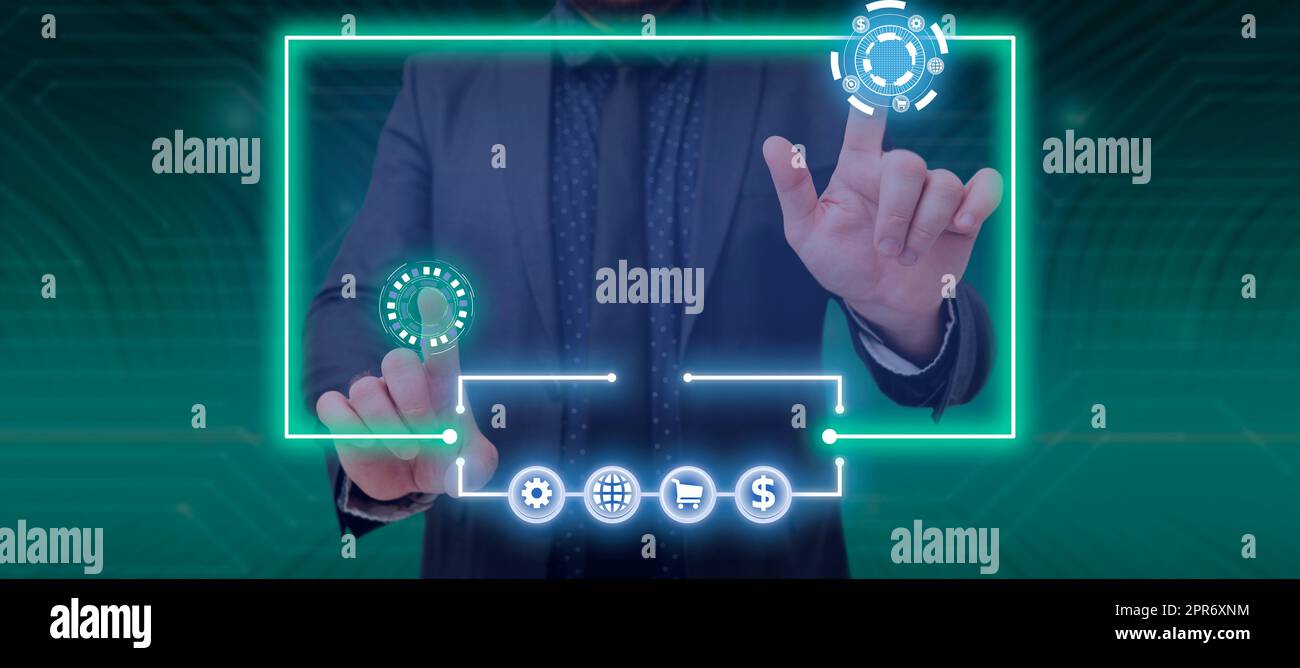 Homme d'affaires pointant avec deux doigts sur S et présentant des messages essentiels. Homme debout en costume présentant des informations importantes. Executive Affichage de nouvelles données. Banque D'Images