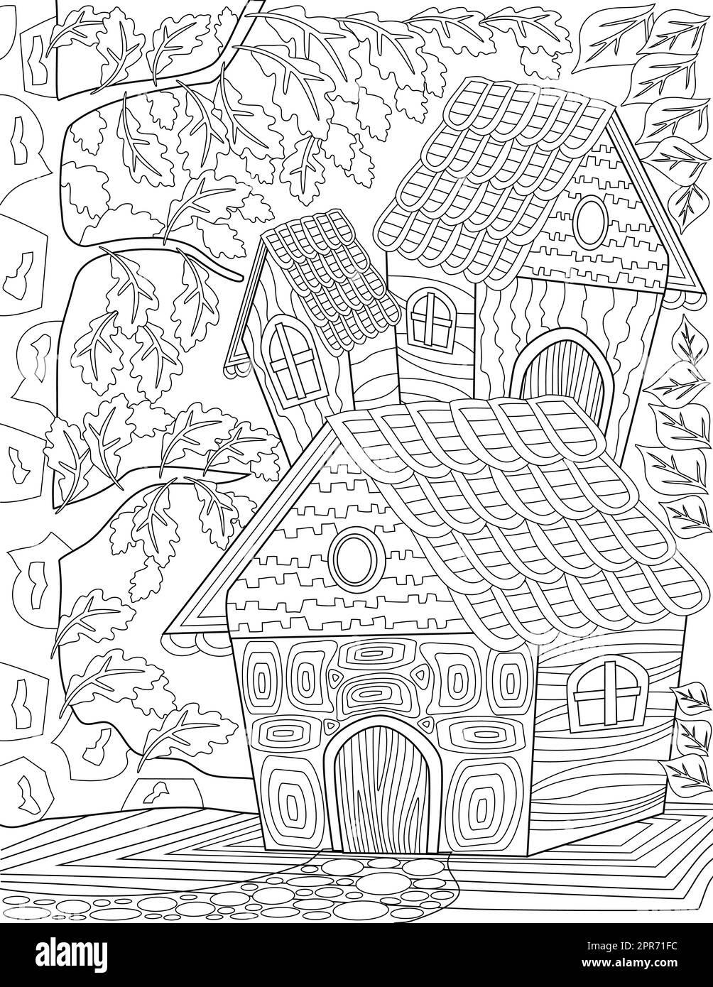 Page de livre de coloriage avec des maisons avec des portes en bois à côté de Big Tree. Banque D'Images
