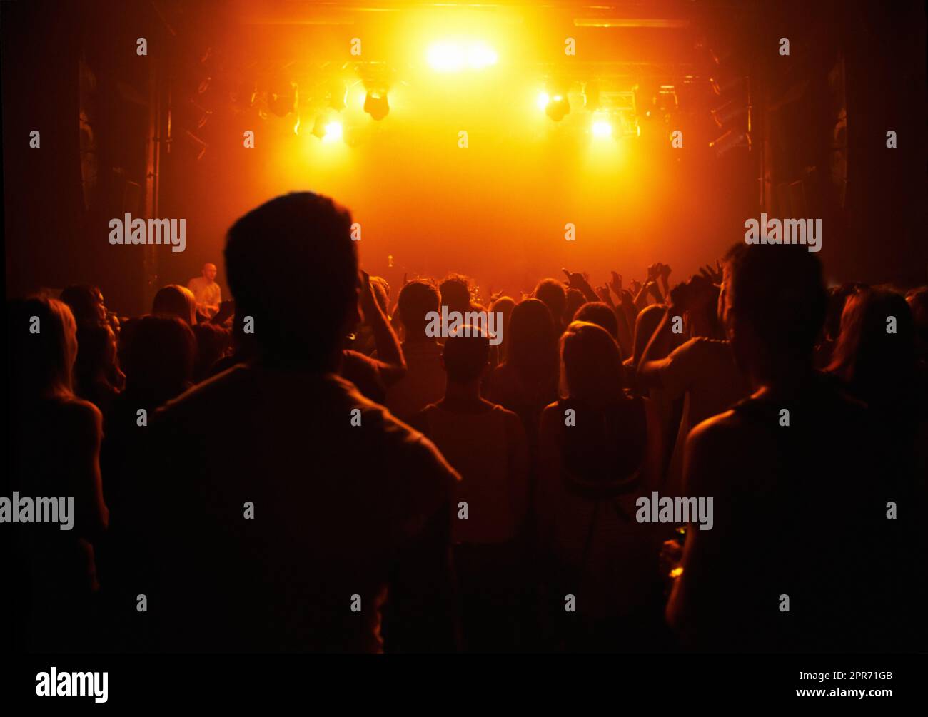 Une foule de personnes regardant un groupe jouer sur scène lors d'un concert de musique. Ce concert a été créé dans le seul but de cette séance photo, avec 300 modèles et 3 groupes live. Tous les participants à cette séance photo sont sortis du modèle. Banque D'Images