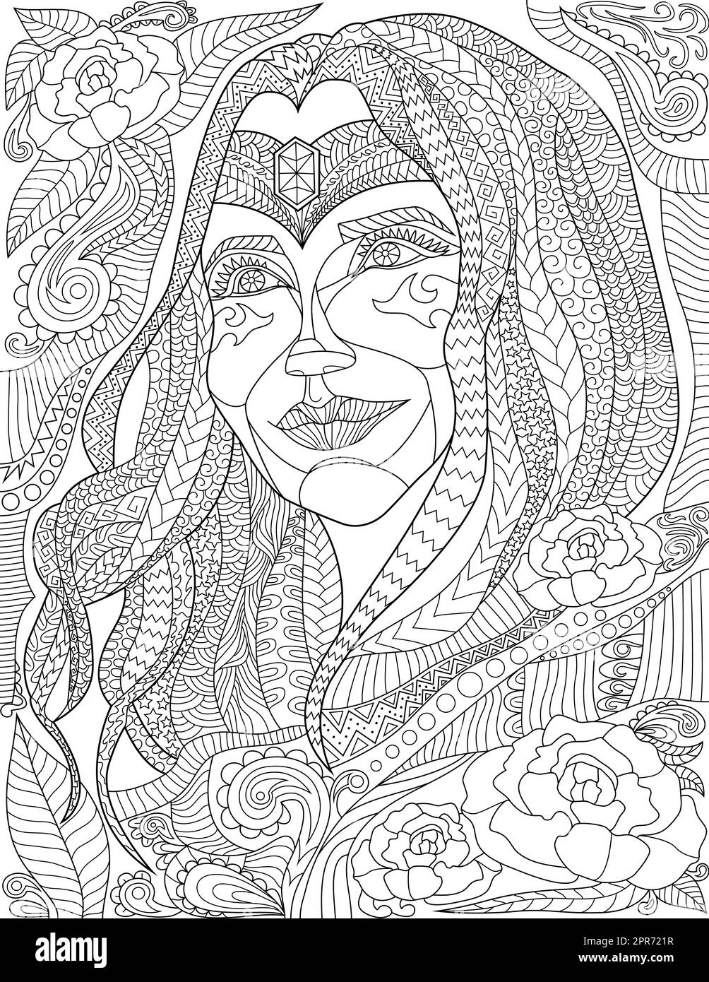 Coloriage page avec détail beau visage de femme avec des bijoux sur le front. Feuille à colorer avec jolie fille souriante avec différentes fleurs en arrière-plan. Banque D'Images