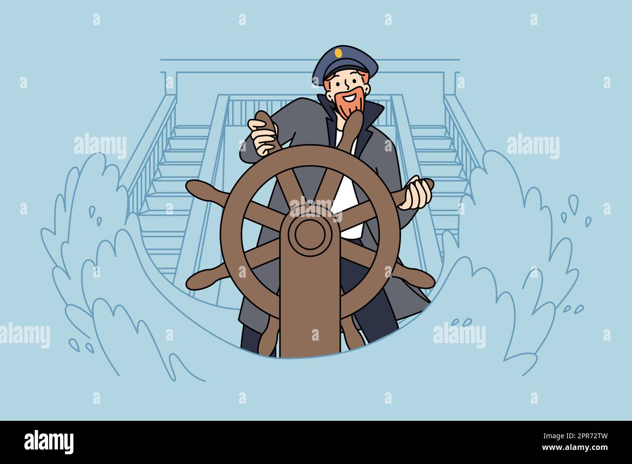 Capitaine souriant debout au volant du navire pendant la tempête de la mer. Happy skipper à la barre du bateau sur les vagues de l'océan. Temps de mer et vie marine. Illustration vectorielle. Banque D'Images