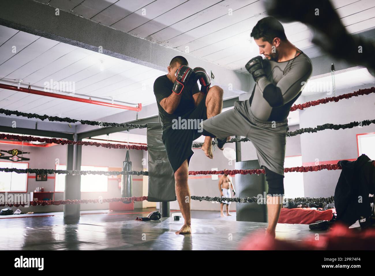 Utiliser des baskets pour les mélanger. Coup de deux jeunes boxeurs masculins en face l'un de l'autre dans un match d'entraînement à l'intérieur d'un anneau de boxe dans une salle de gym pendant la journée. Banque D'Images