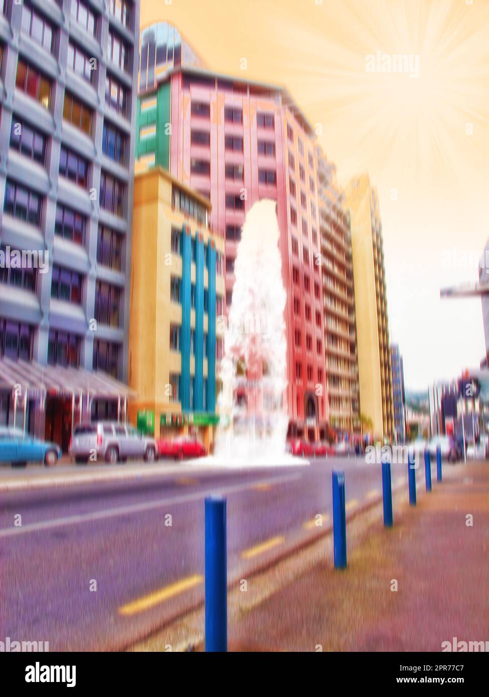 Une rue de ville colorée et floue au coucher du soleil. Concept artistique d'une ville urbaine avec des voitures garées à proximité de bureaux et d'un ciel jaune. Vue à angle bas de l'architecture abstraite futuriste avec lumière du soleil Banque D'Images