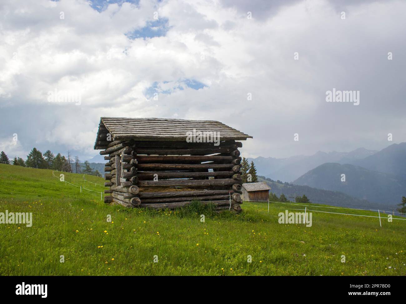 Vue sur le paysage alpin en été avec la maison de grange entourée d'un champ vert Banque D'Images