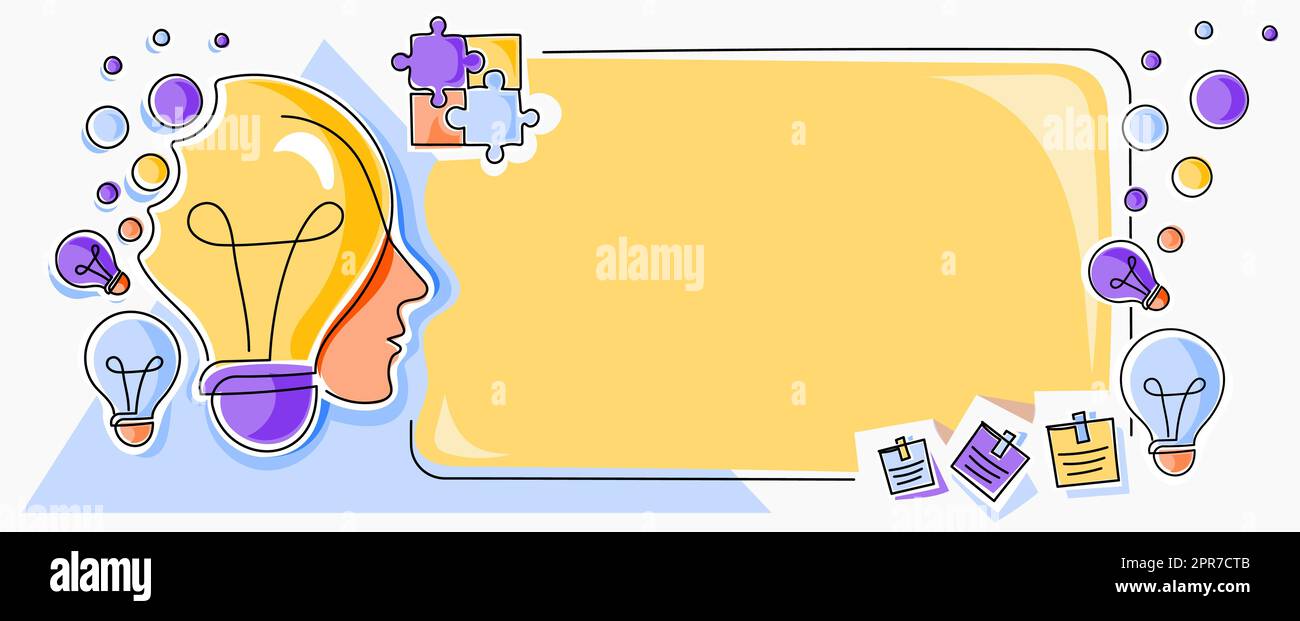 Homme avec des ampoules et des pièces de puzzle autour de penser de nouvelles idées. Raisonnement de l'homme d'affaires informations importantes sur le tableau de présentation. La direction présente les dernières mises à jour. Illustration de Vecteur