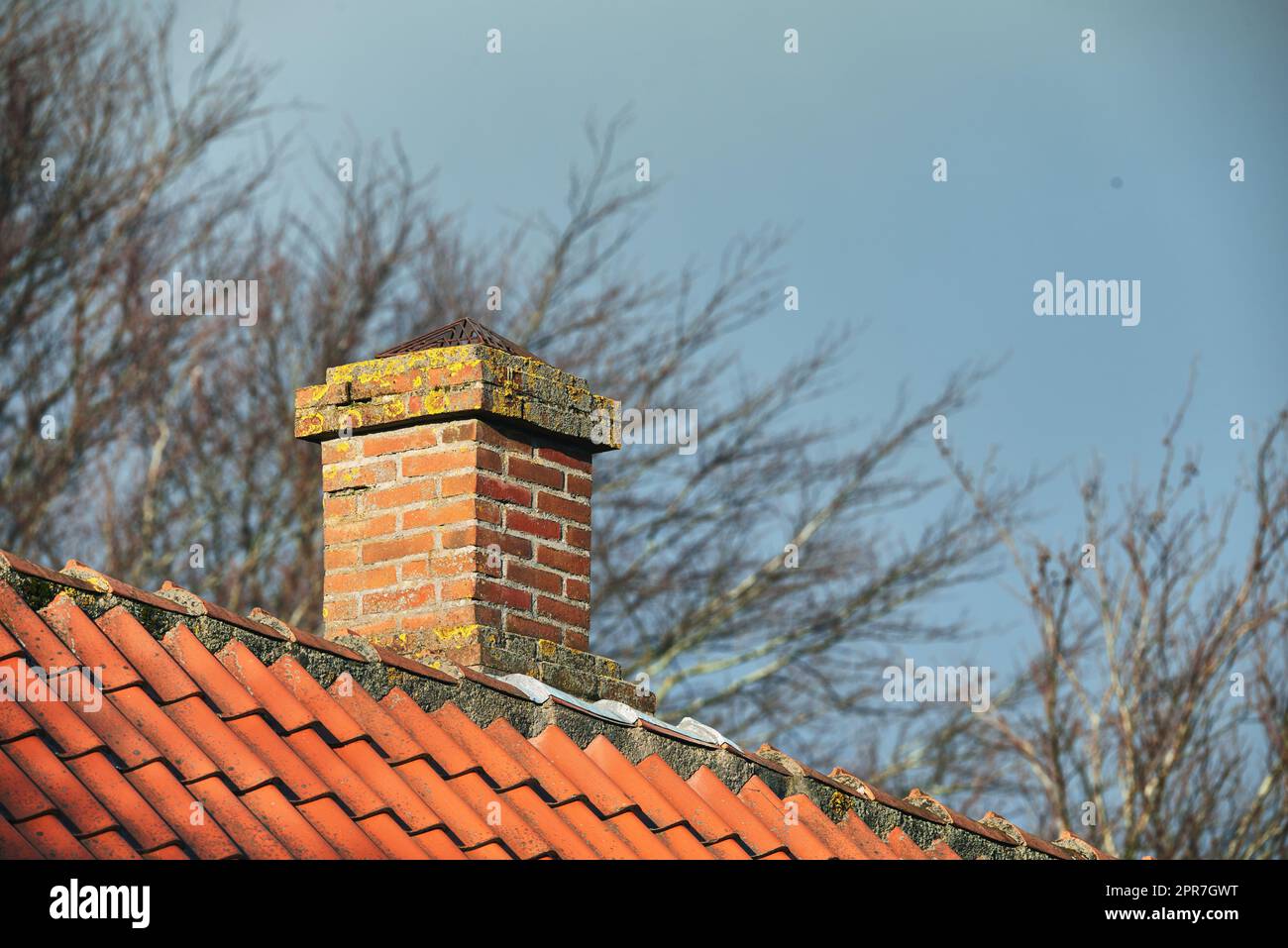 Cheminée en brique rouge conçue sur le toit en ardoise d'amiante de la maison à l'extérieur avec un fond de ciel. Construction extérieure architecture de la rampe d'évacuation construite sur le toit pour la fumée et la chaleur de la cheminée Banque D'Images