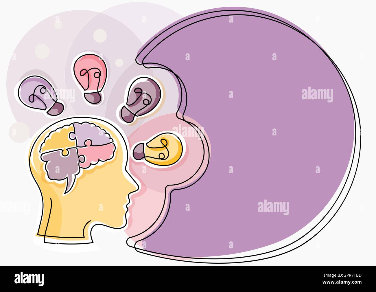 Homme avec un cerveau perplexe penser de nouvelles idées brillantes montrées sur le tableau de présentation. Homme d'affaires présentant des informations récentes. Cadre avec des ampoules autour des concepts de raisonnement. Illustration de Vecteur