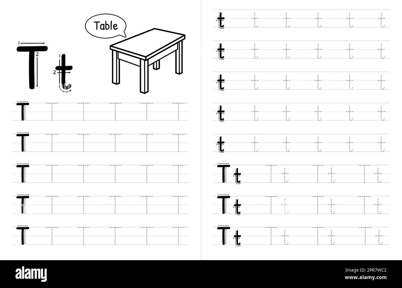 ABC alphabets Tracing Book Interior pour enfants. Enfants écrivant la feuille de travail avec photo. Premium Vector Elements Letter T. Banque D'Images