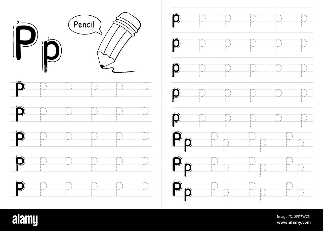 ABC alphabets Tracing Book Interior pour enfants. Enfants écrivant la feuille de travail avec photo. Éléments vectoriels Premium lettre P. Banque D'Images