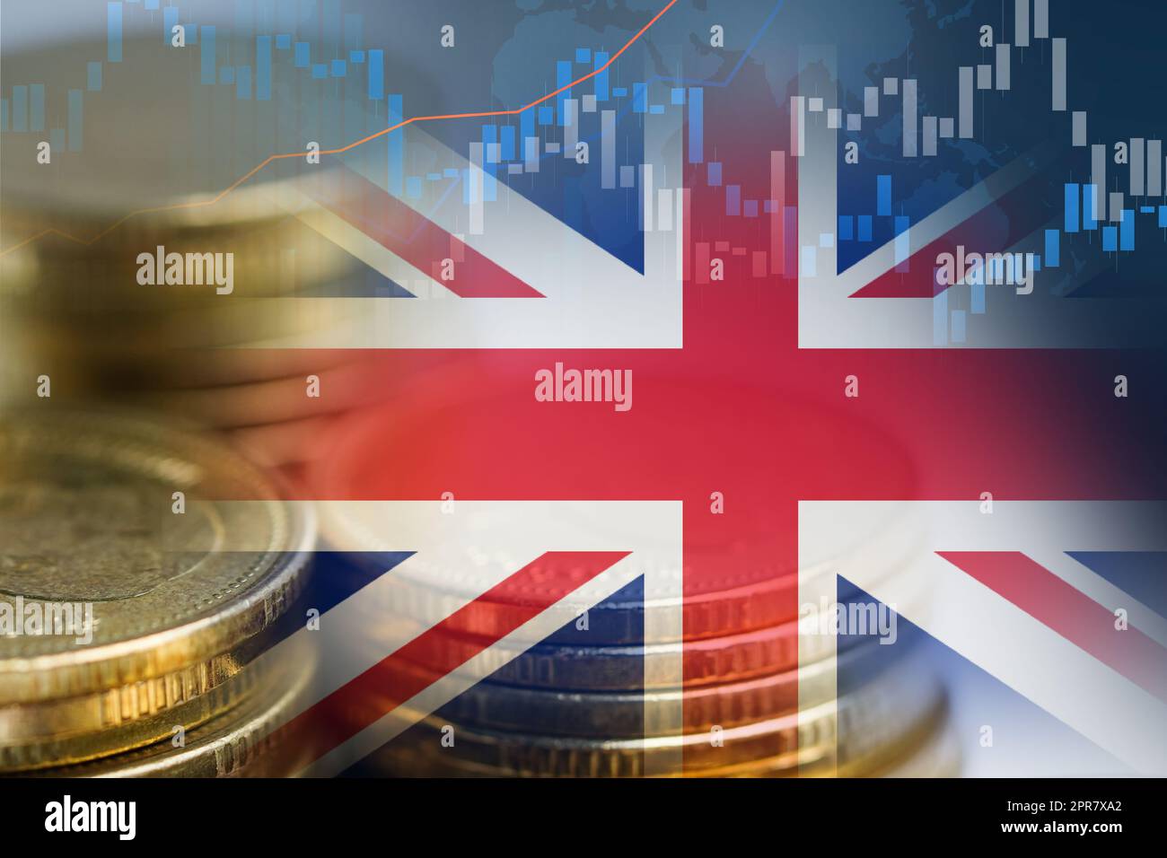 Bourse investissement trading financier, coin et drapeau du Royaume-Uni ou Forex pour analyser le financement des bénéfices tendances des données de fond. Banque D'Images