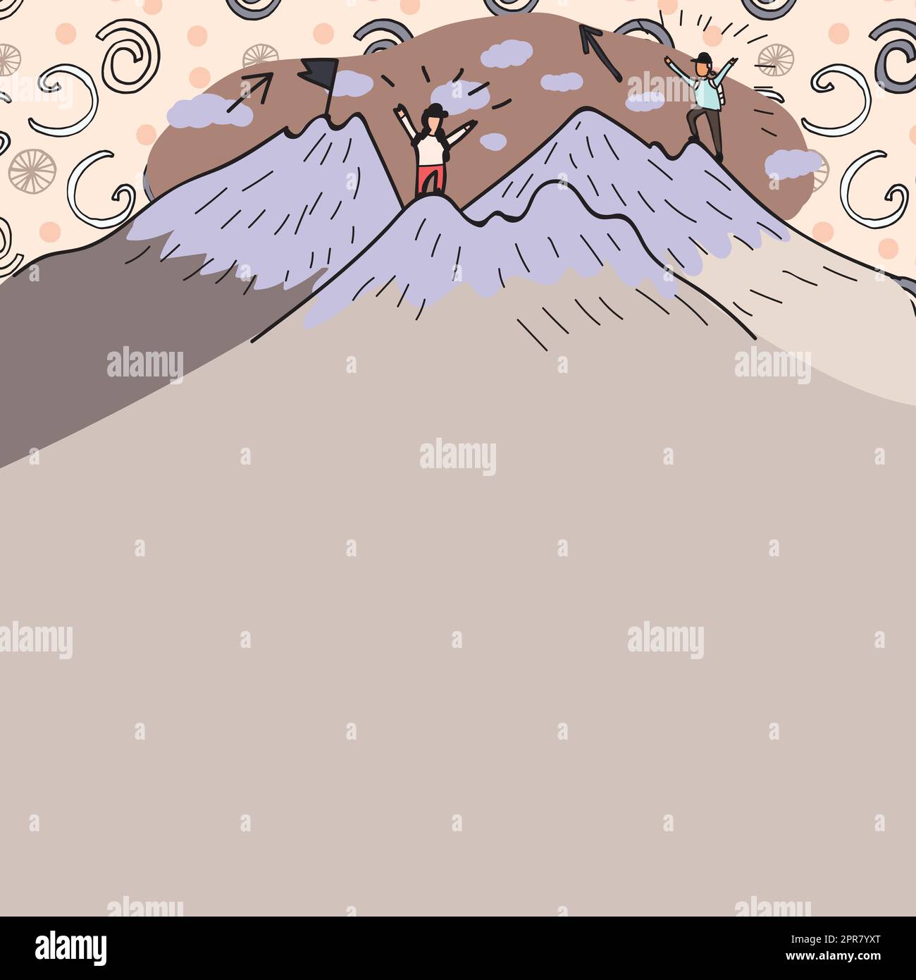 Message présenté sous les hommes randonnée au sommet des montagnes avec neige. Deux randonneurs grimpant sur les falaises pour atteindre Un but. Grimpeurs qui monte avec des nuages en arrière-plan. Illustration de Vecteur