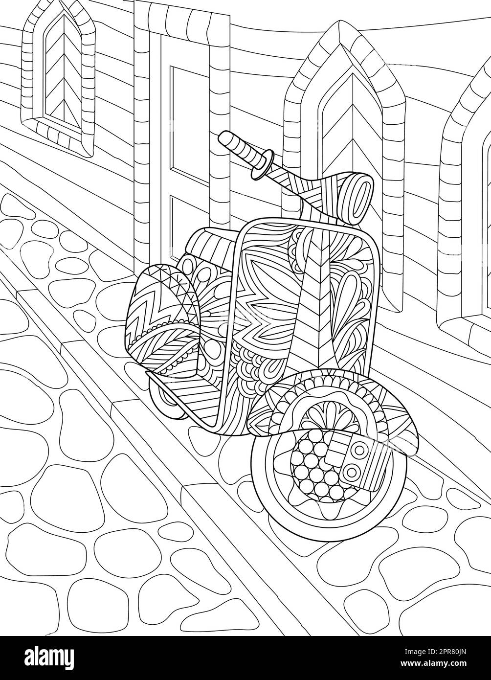 Page de livre de coloriage avec moto garée sur le trottoir à côté de la maison. Banque D'Images