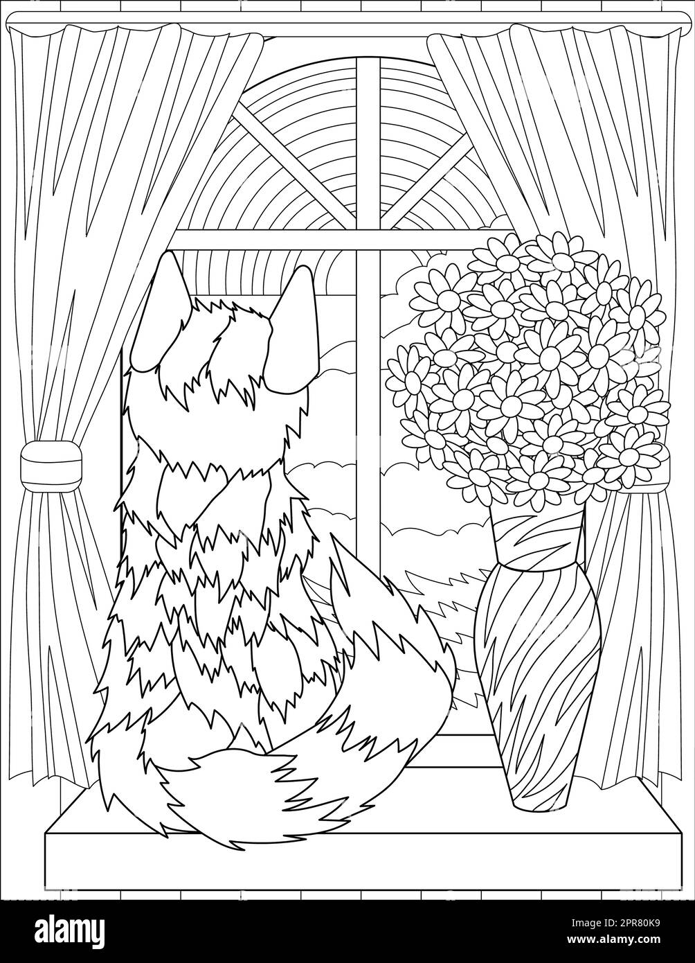 Page de coloriage avec chat doux assis regardant par la fenêtre à côté de vase. Banque D'Images