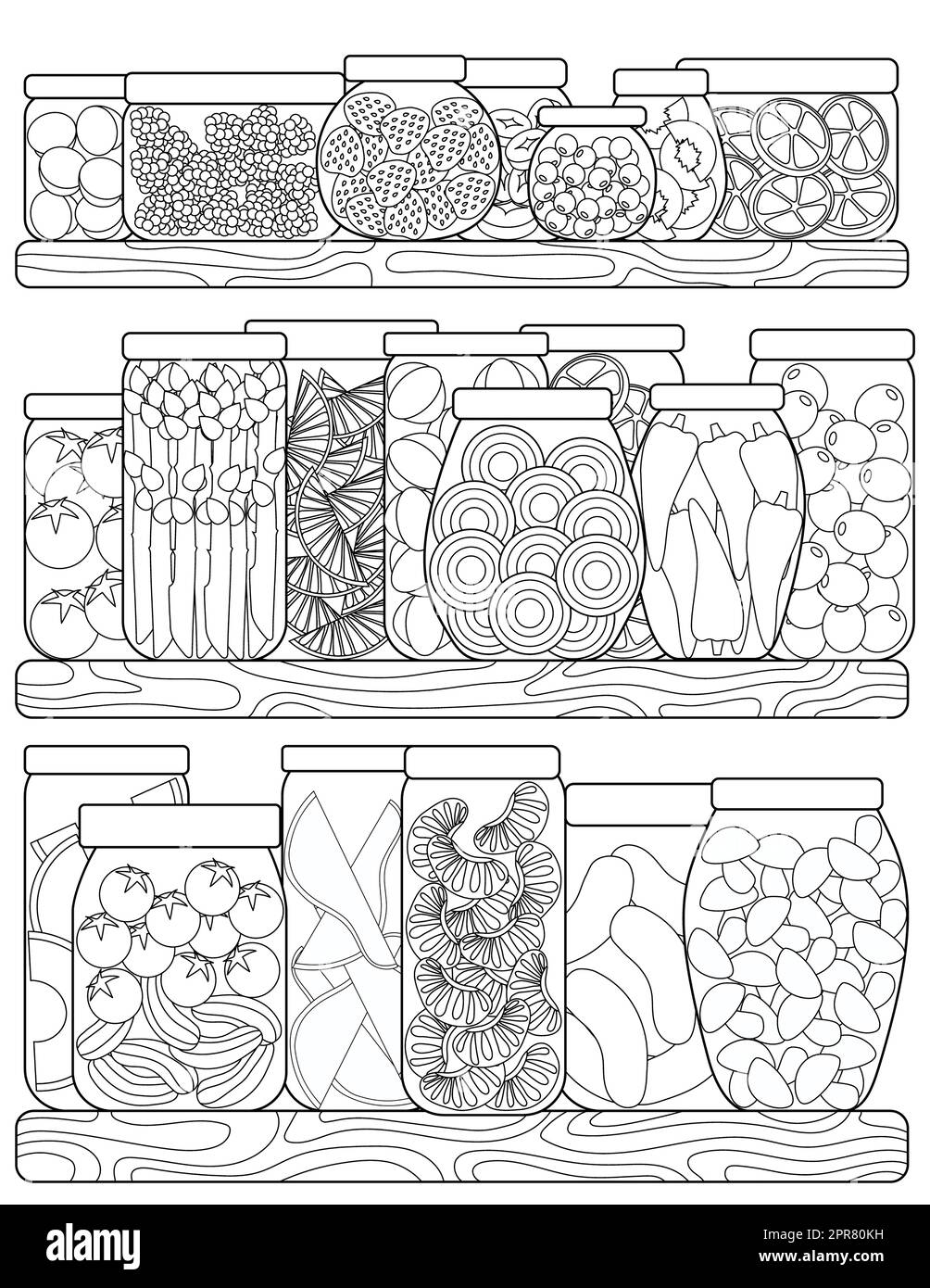 Page de coloriage avec étagères plein de fruits et légumes en jarres. Banque D'Images
