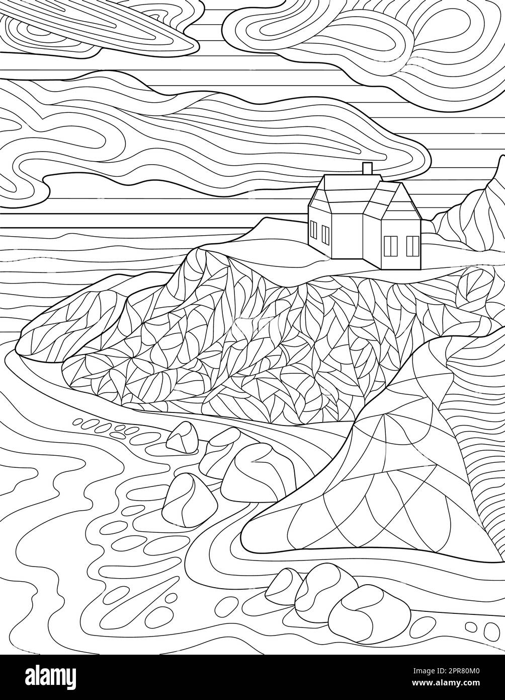 Page de coloriage avec détail House on Hill, Clouds, Rocks et Ocean. Banque D'Images
