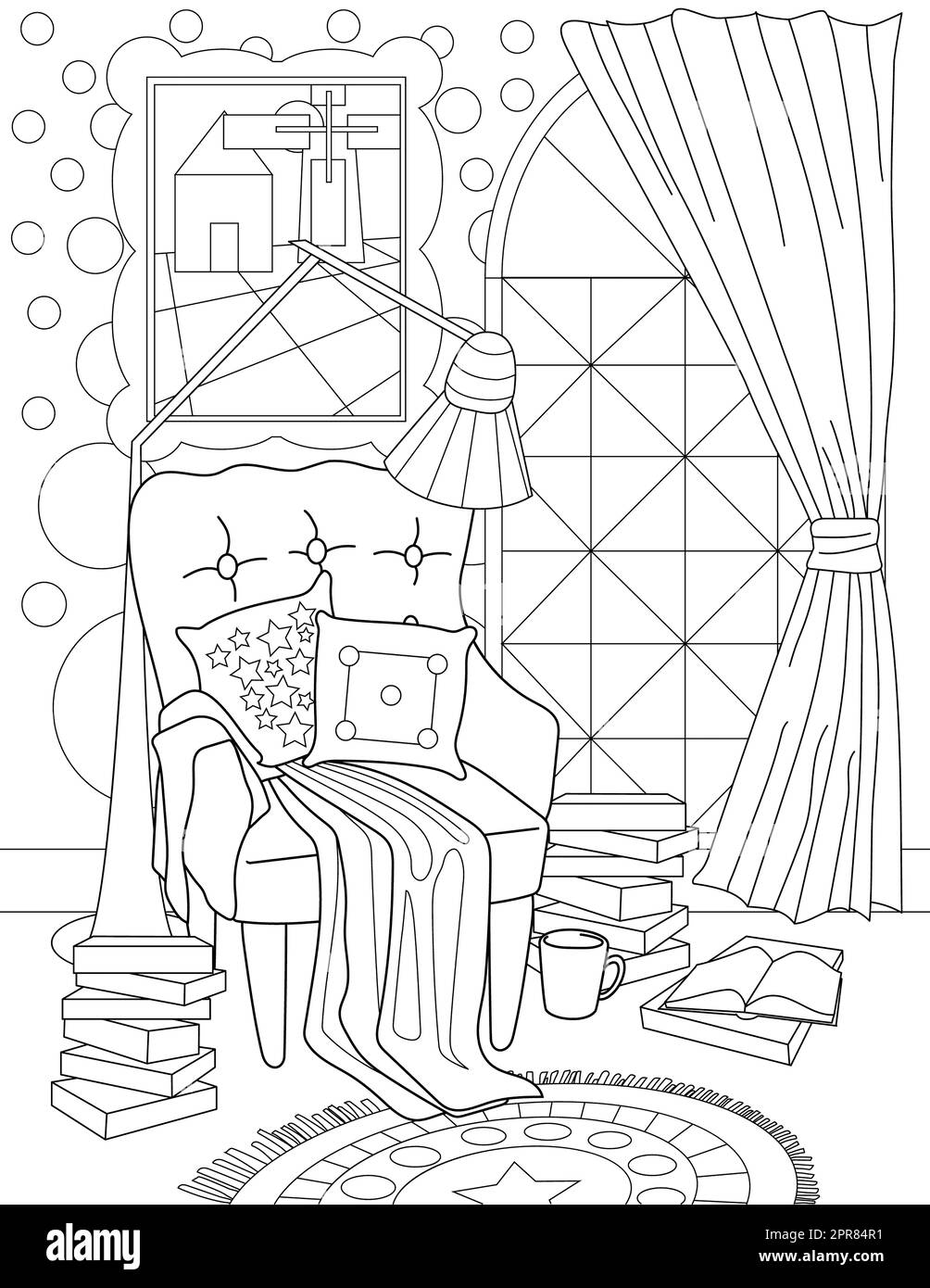 Coloriage page avec fauteuil confortable avec oreillers et couverture. Banque D'Images