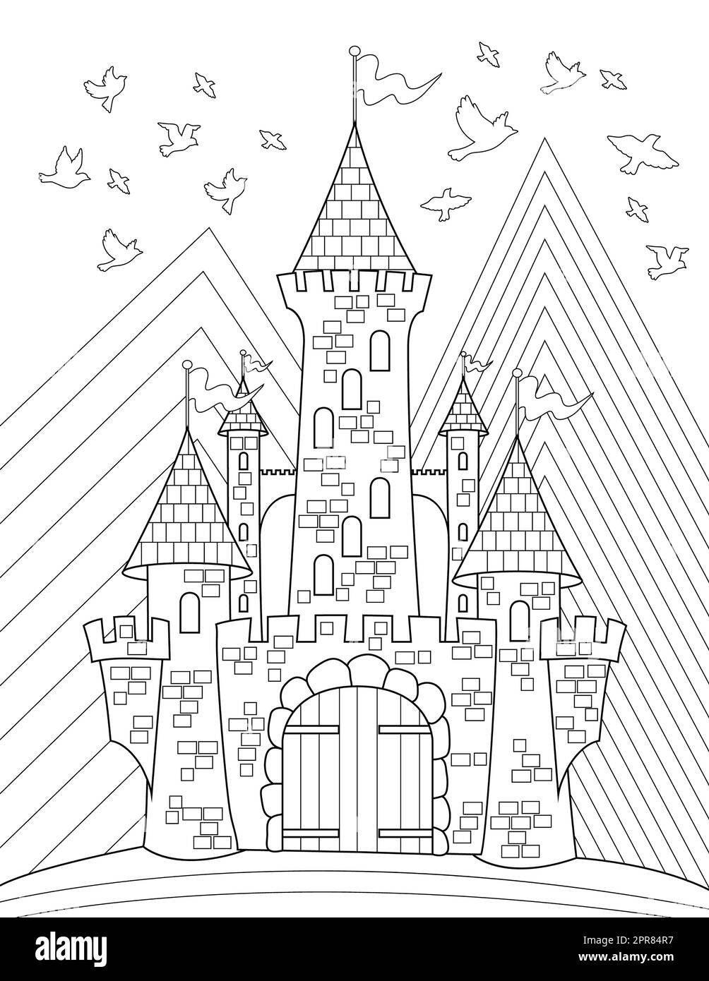 Page de livre de coloriage avec Big Castle avec drapeaux sur le dessus et oiseaux dans le ciel. Banque D'Images