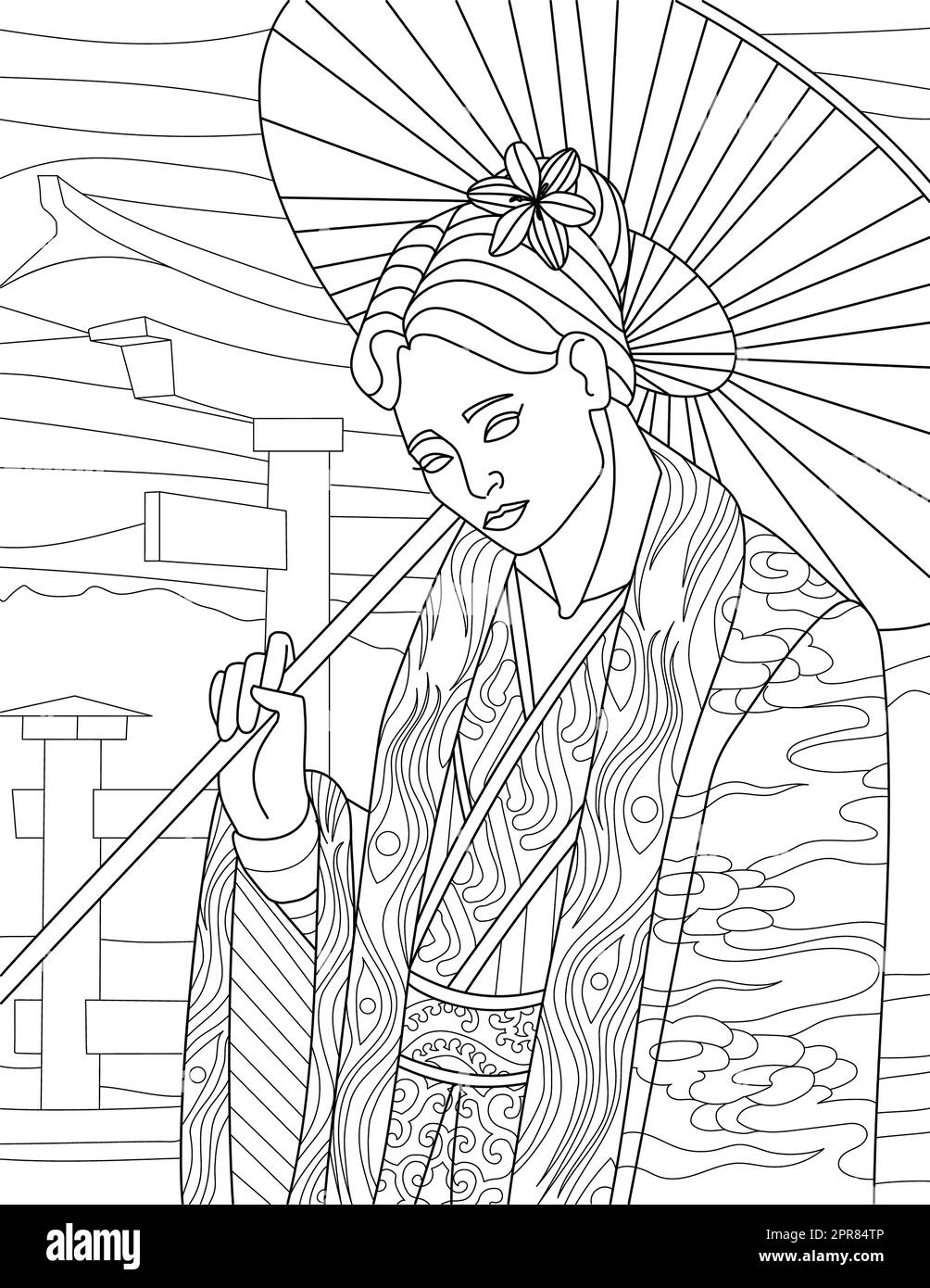 Page de coloriage avec femme japonaise dans les vêtements traditionnels tenant parapluie. Banque D'Images