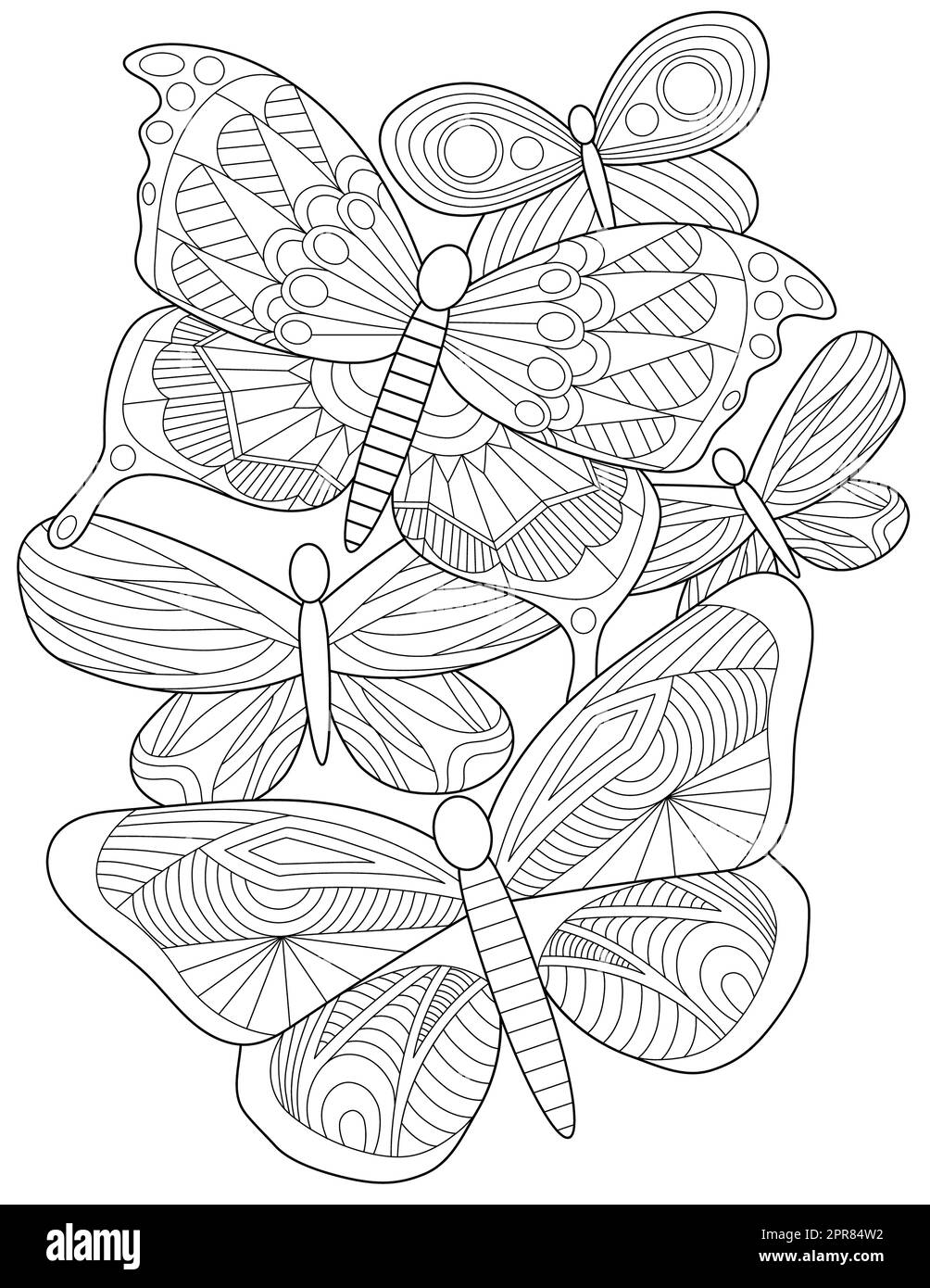 Page de livre de coloriage avec différentes tailles et de décoration papillons. Banque D'Images