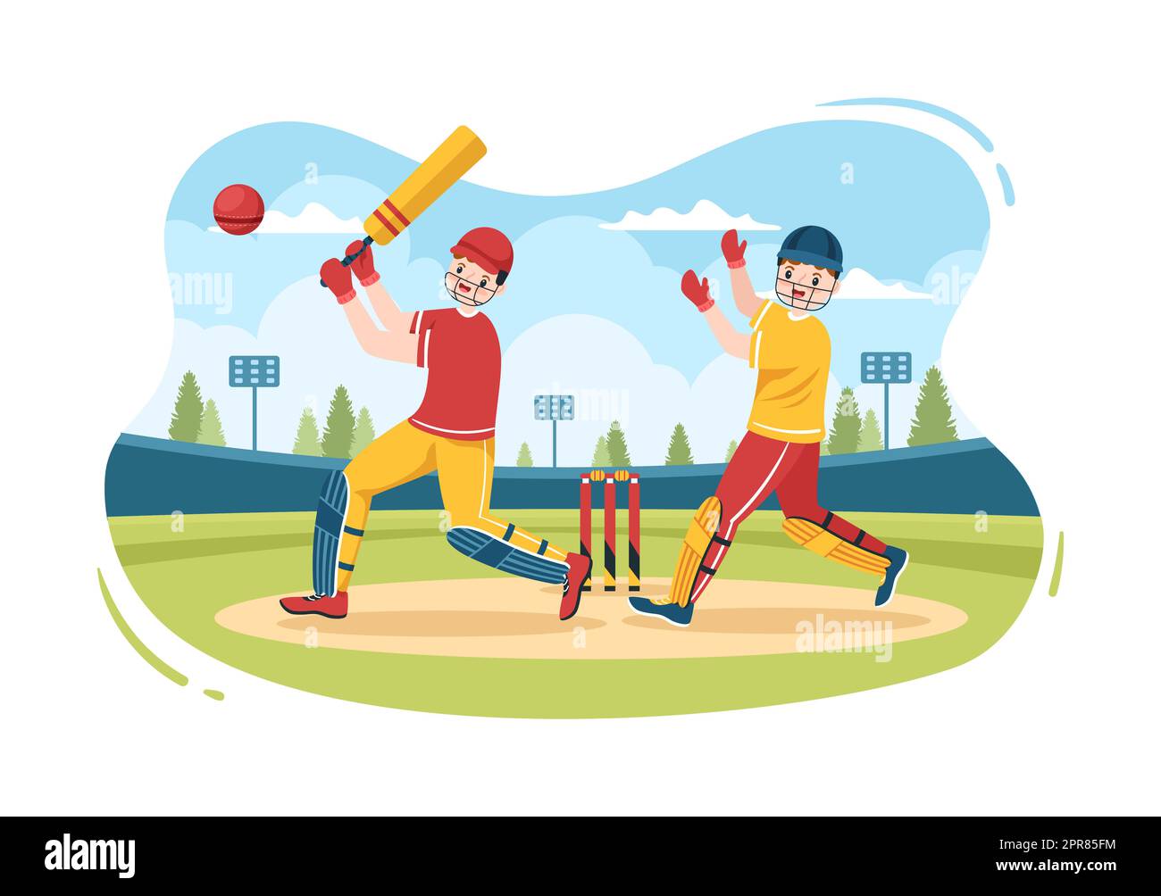 Batteur jouant au Cricket Sports avec ball and Stick dans un terrain de dessin animé à plat Illustration d'arrière-plan Banque D'Images