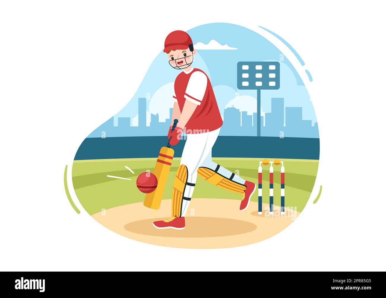Batteur jouant au Cricket Sports avec ball and Stick dans un terrain de dessin animé à plat Illustration d'arrière-plan Banque D'Images