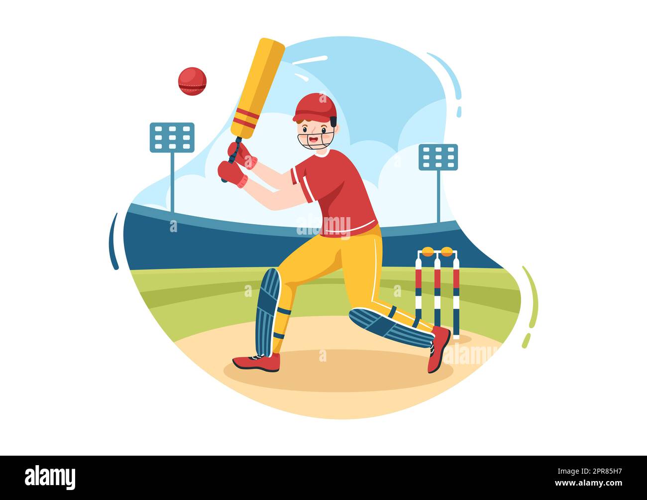 Batteur jouant au Cricket Sports avec ball and Stick dans un terrain de dessin animé à plat Illustration d'arrière-plan Banque D'Images