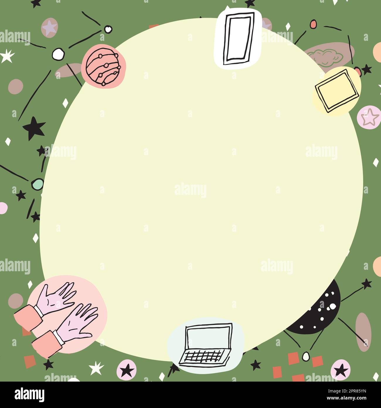 Affiche vierge décorée de symboles technologiques modernes. Cadre vide entouré d'un portable multicolore représentant la science et la technologie. Illustration de Vecteur