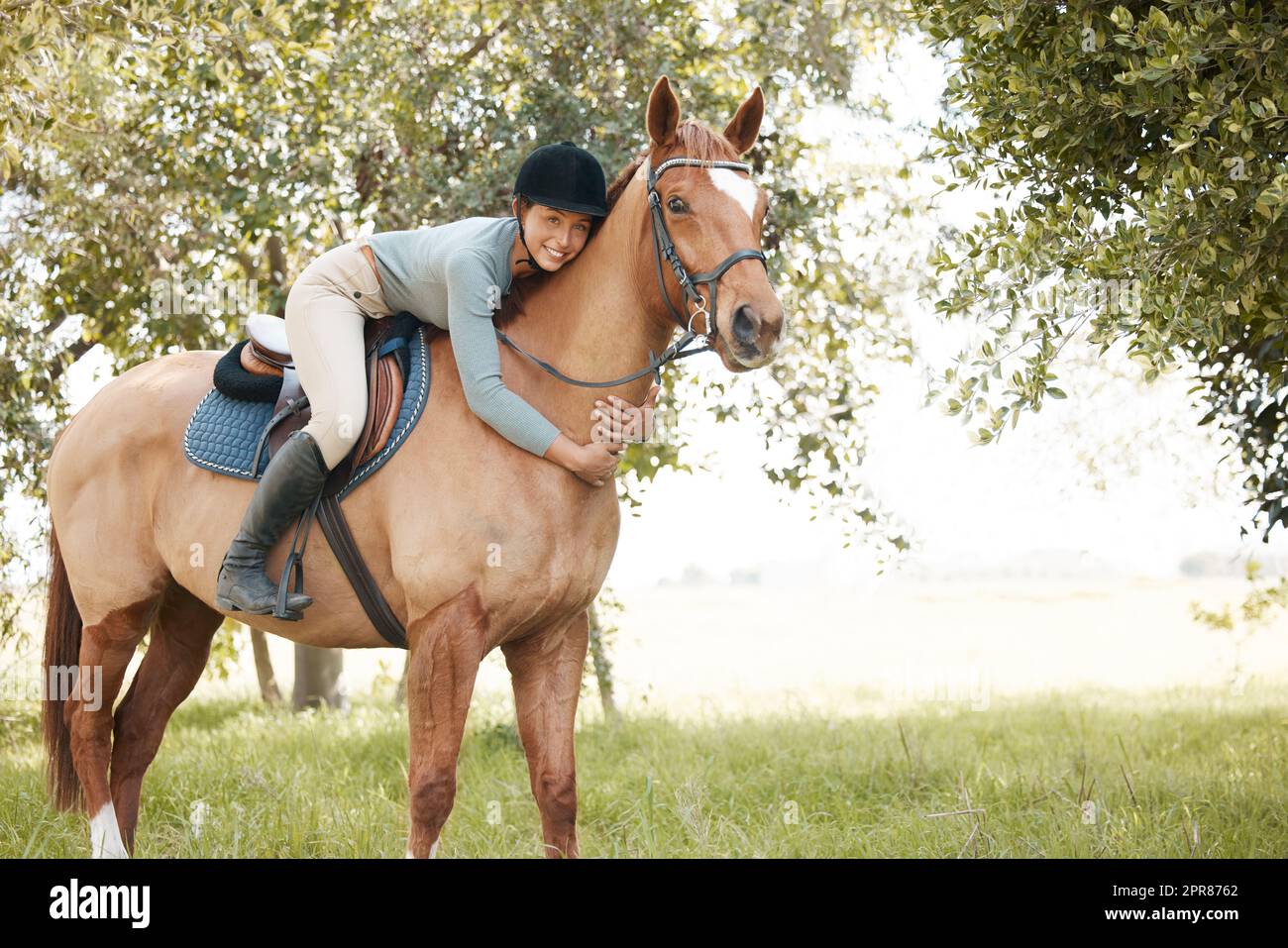 Ce que le ciel peut offrir mieux. Une jeune femme attrayante debout avec son cheval dans une forêt. Banque D'Images