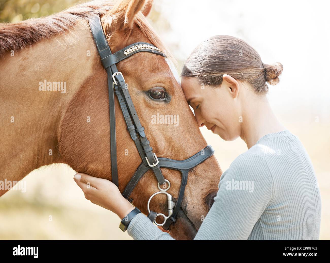Il se déplace comme s'il entend toujours de la musique. Une jeune femme attrayante debout avec son cheval dans une forêt. Banque D'Images