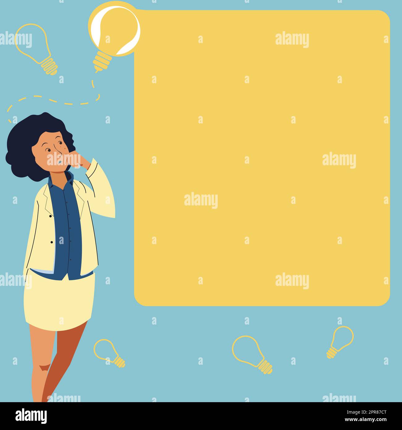 Femme d'affaires dessin debout à côté du conseil d'administration Présentation penser de nouvelles idées. Lady Next démontre le raisonnement concepts récents. Manager présentant les plans récents. Illustration de Vecteur