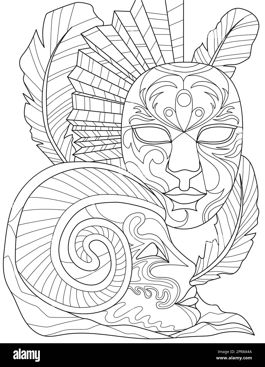 Page de livre de coloriage avec masque de carnaval détaillé avec plume autour. Banque D'Images
