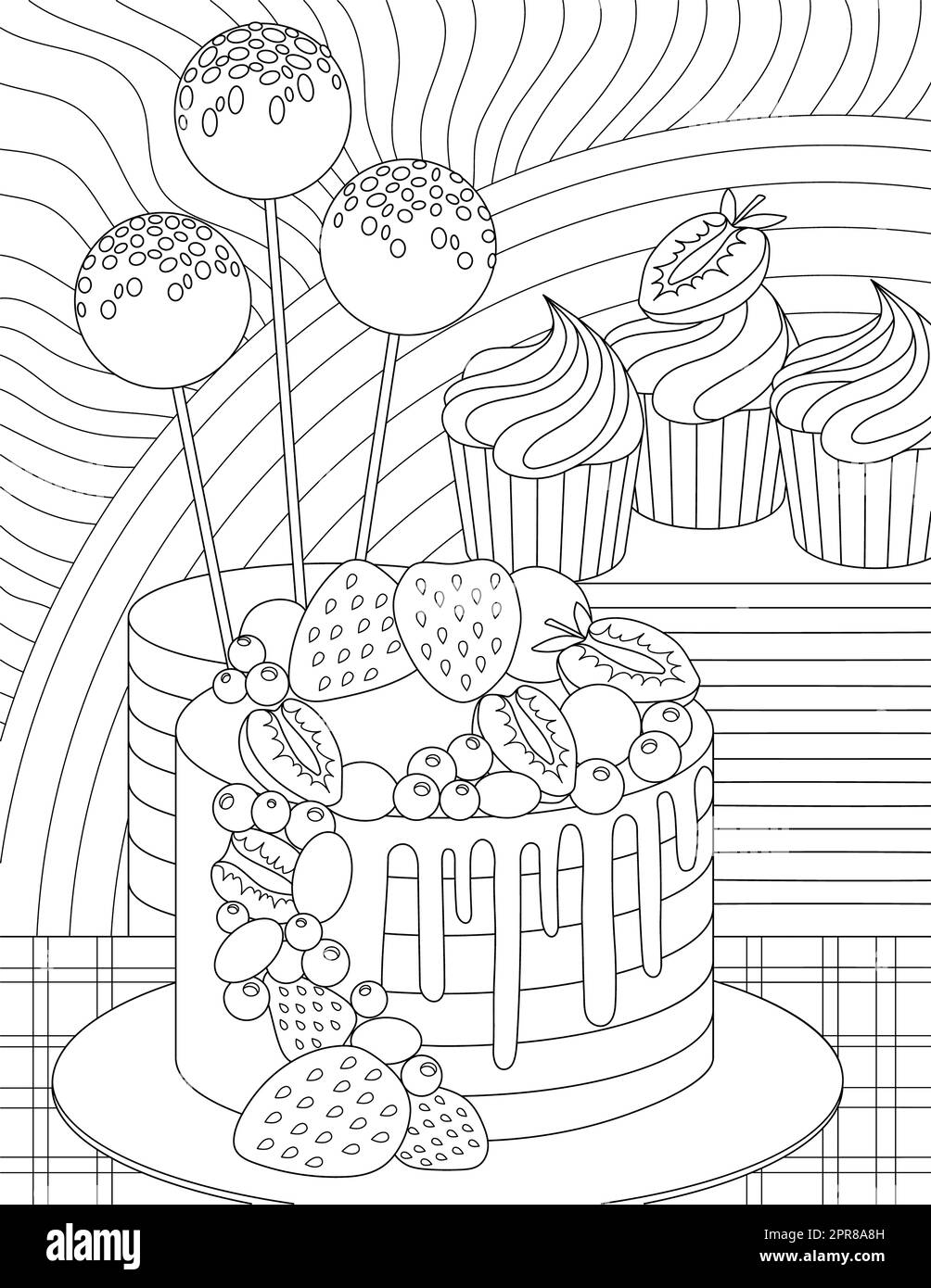 Page de livre de coloriage avec gâteaux d'anniversaire avec décorations fruitées et cupcakes Banque D'Images