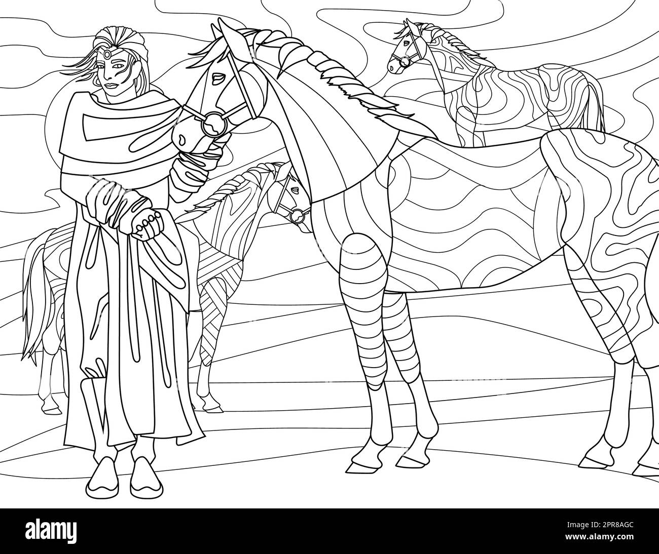 Page de livre de coloriage avec l'homme entouré de trois chevaux dans le désert. Banque D'Images