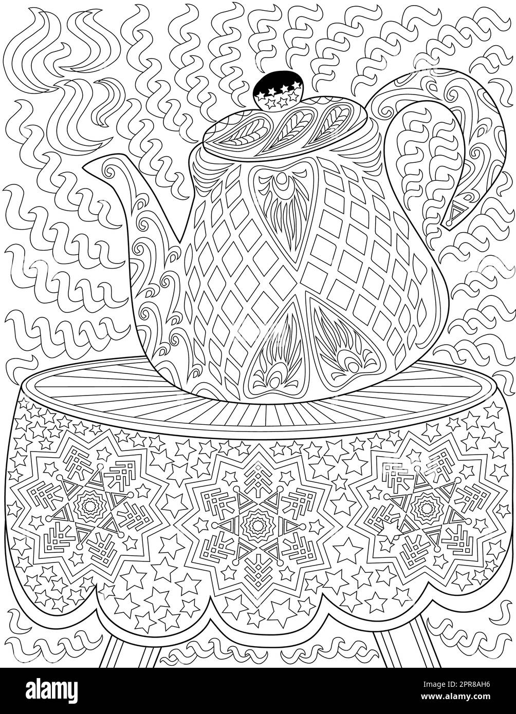 Page de livre de coloriage avec théière sur table avec tissu à motif flocons de neige. Banque D'Images