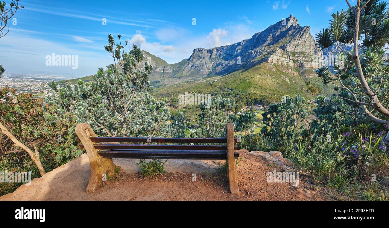 Banc avec vue reposante et apaisante au sommet de Table Mountain avec une scène de Lions Head contre un ciel bleu. Des arbres et des buissons verdoyants entourent un endroit calme pour se reposer et voir la beauté dans la nature Banque D'Images