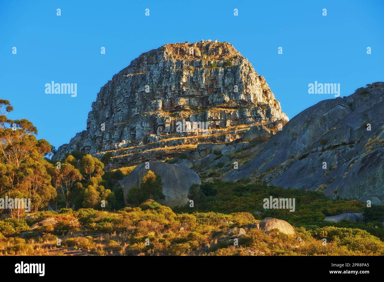 Angle bas d'un sommet de montagne en Afrique du Sud. Paysage pittoresque d'un emplacement de randonnée à distance sur Lions Head au Cap lors d'une journée ensoleillée avec espace copie. Une aventure et un lieu de voyage exceptionnels à explorer Banque D'Images