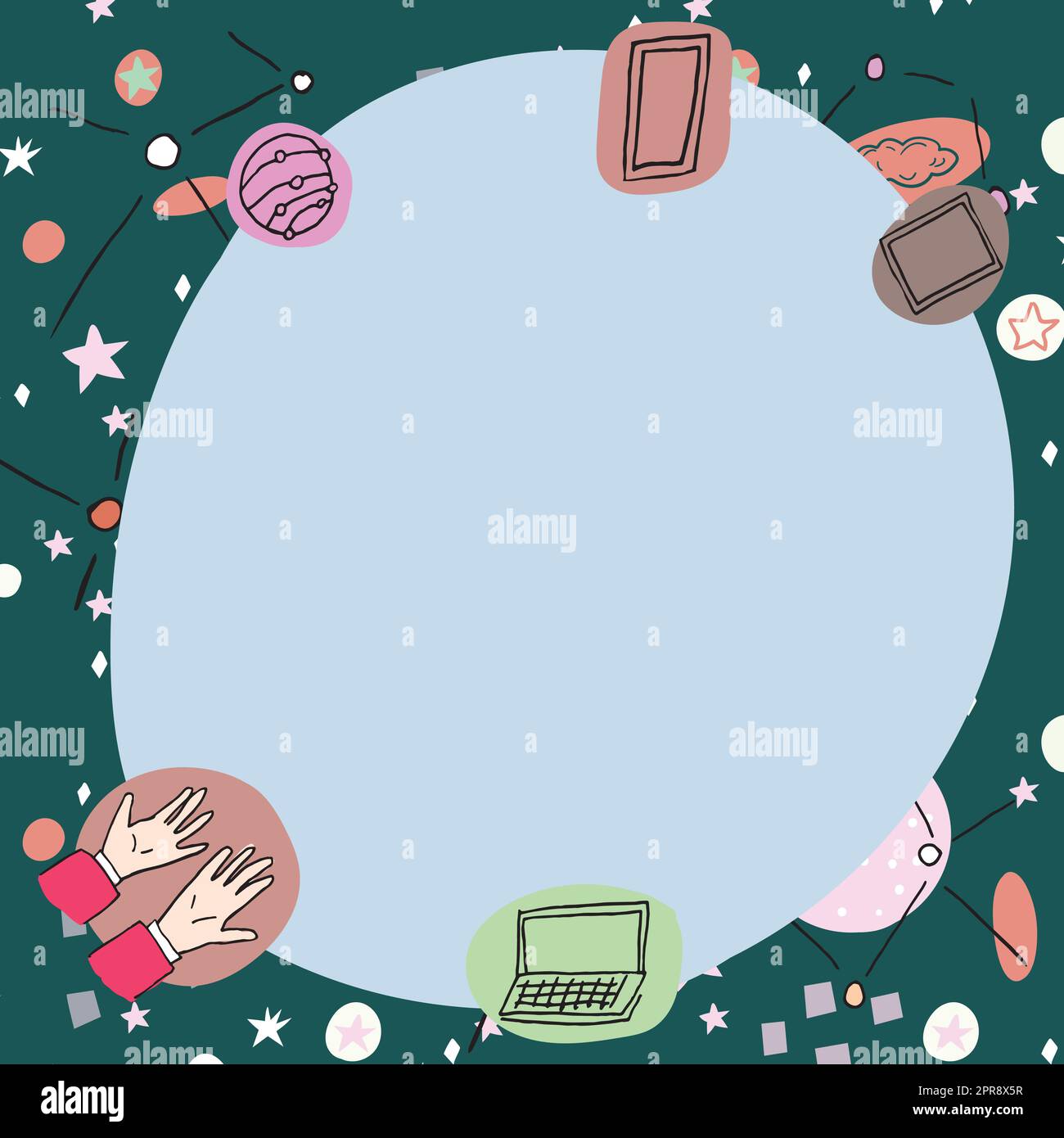 Affiche vierge décorée de symboles technologiques modernes. Cadre vide entouré d'un portable multicolore représentant la science et la technologie. Illustration de Vecteur