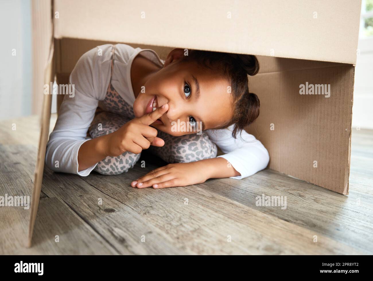 Portrait d'une petite fille hispanique mignonne jouant avec une boîte en carton dans un nouvel appartement. Jolie fille de race mixte se cachant dans une boîte et souriant dans une maison. Déménagement et jour de déménagement de la grande famille Banque D'Images