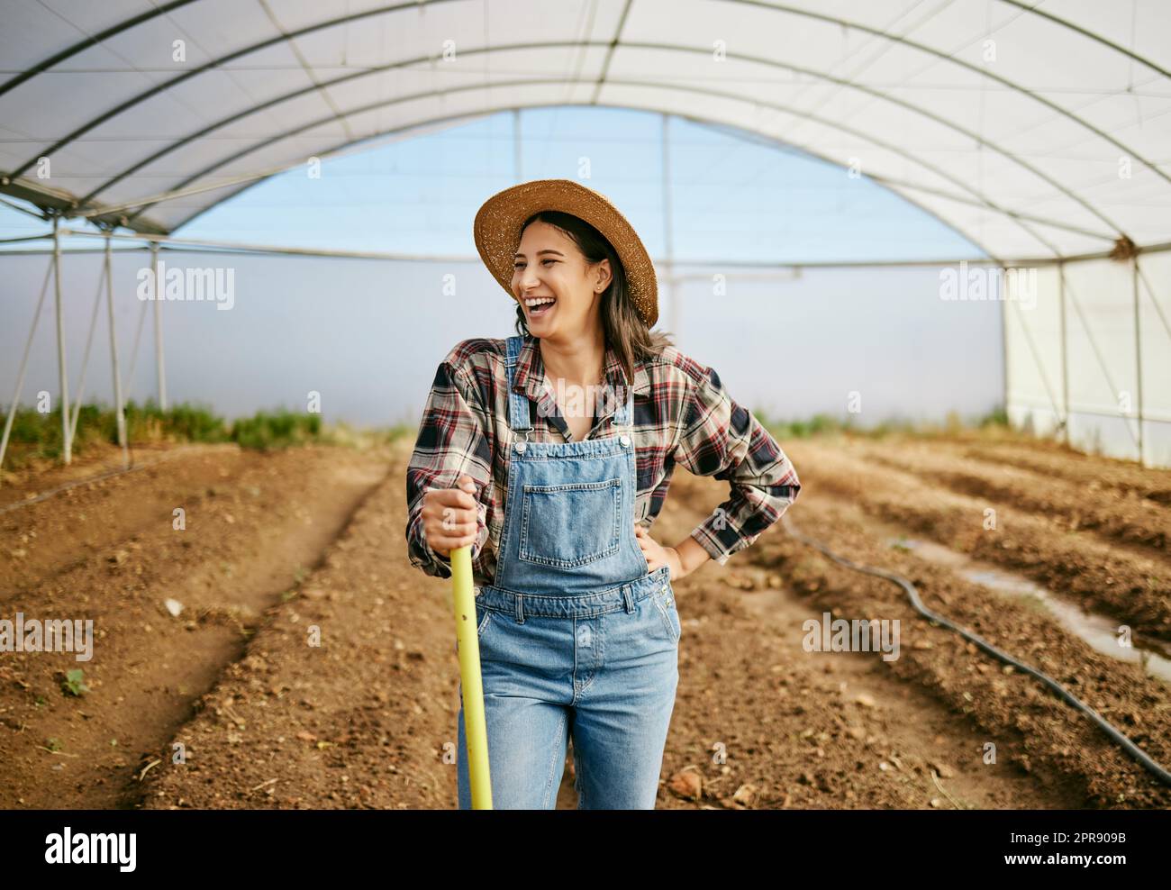 En regardant l'aboutissement de son travail acharné, une jeune agricultrice travaillant dans sa serre. Banque D'Images