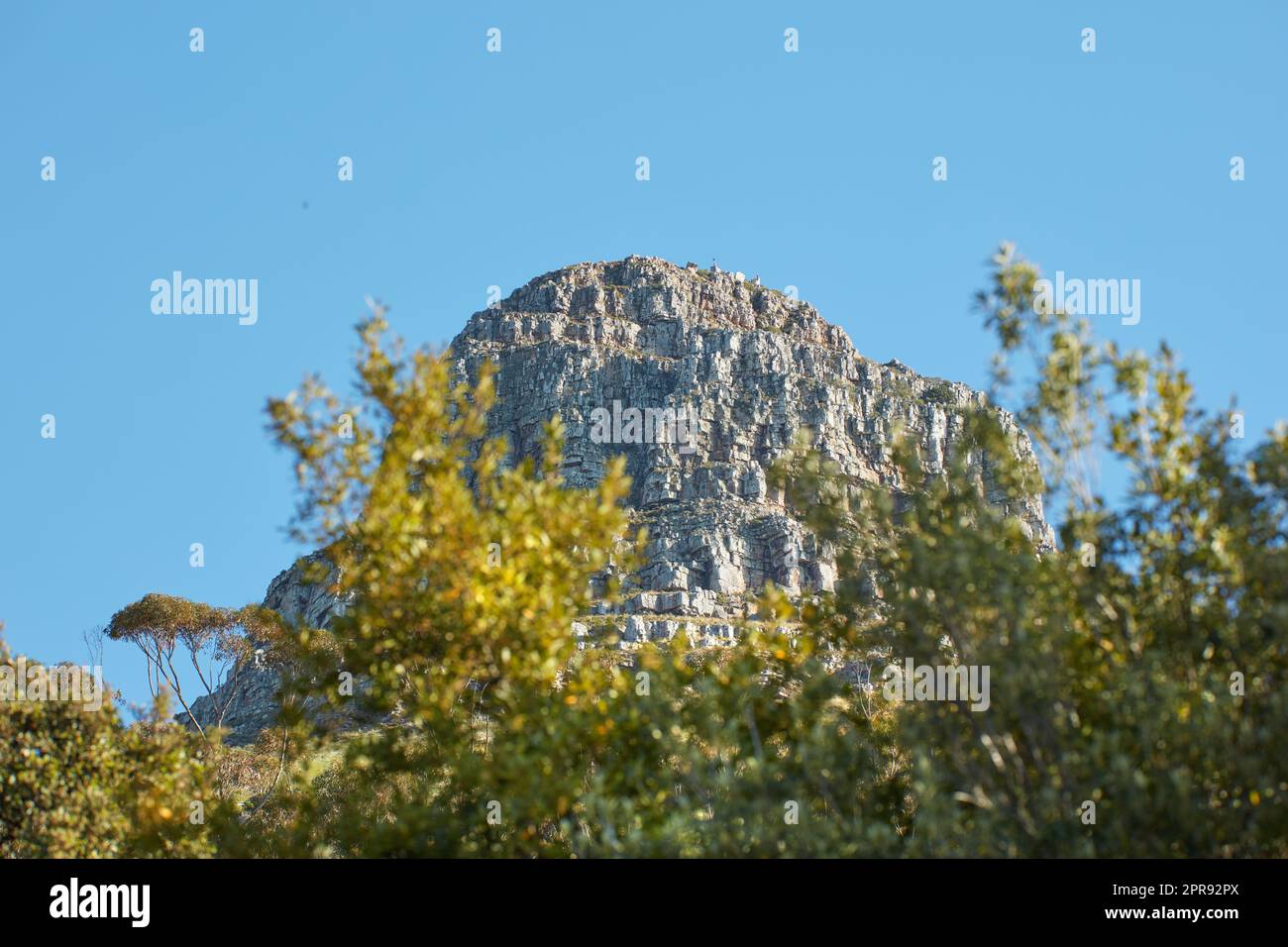 Paysage de la montagne de la Table au Cap sur fond bleu clair avec espace de copie. Magnifique vue panoramique sur les plantes autour d'un site naturel emblématique lors d'une journée ensoleillée à l'extérieur Banque D'Images