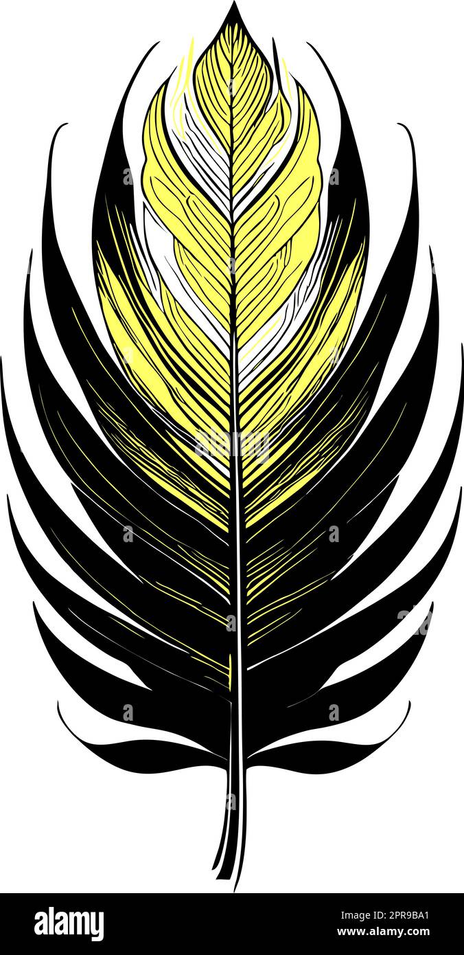 dessin graphique simple plume d'oiseau noir et jaune, croquis, logo Banque D'Images