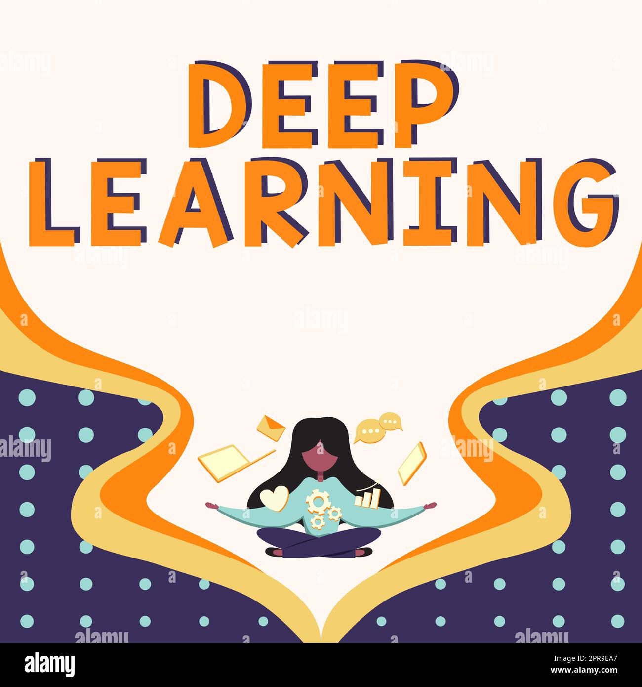 Légende de texte présentant l'apprentissage en profondeur. Concept Internet abstractions hiérarchiques Intelligence artificielle Algorithm Femme entourée de dispositifs technologiques présentant des avancées futures. Banque D'Images