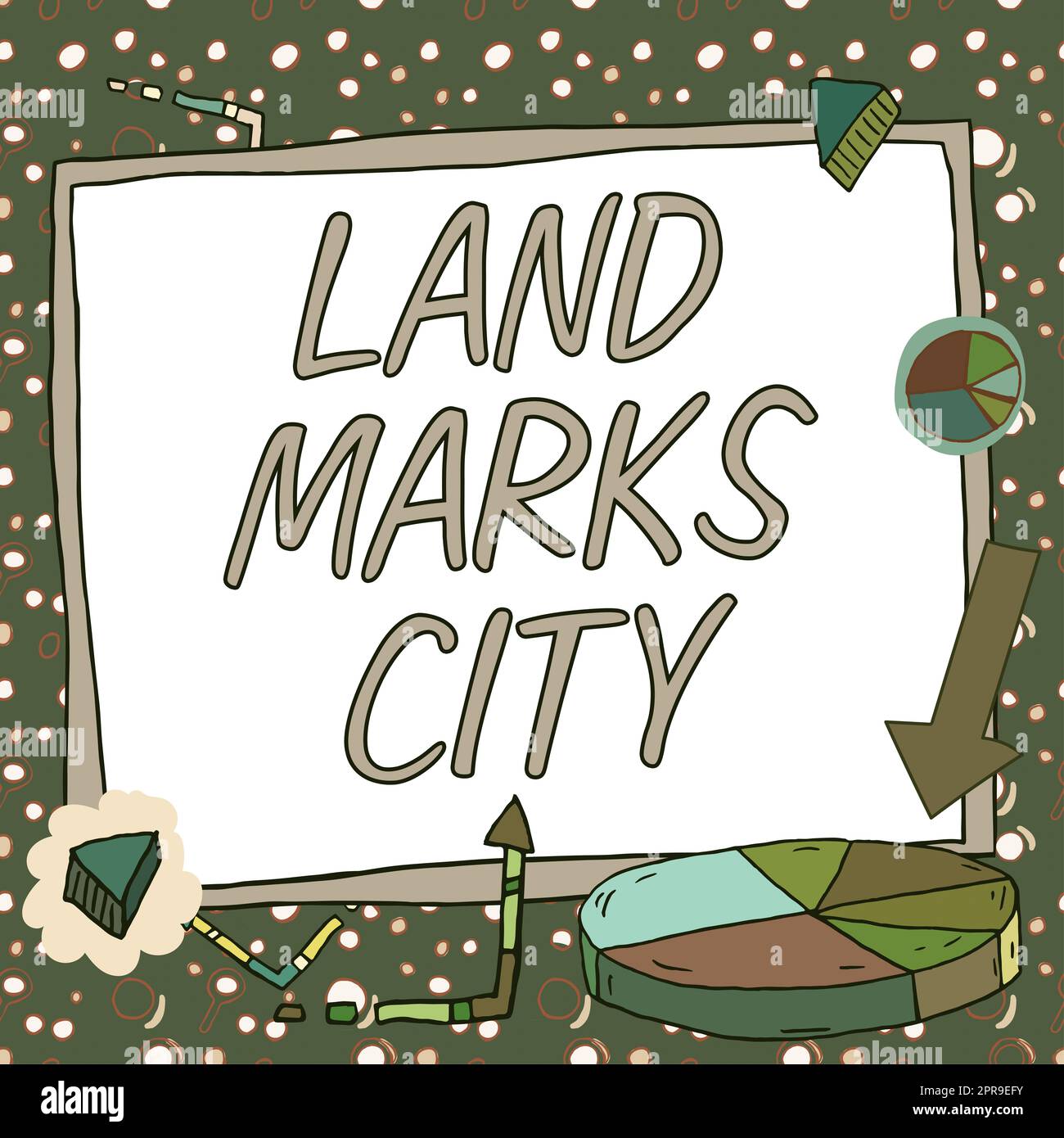 Inspiration montrant le signe Land Marks City. Idée d'affaires l'architecture des endroits importants dans les villes à visiter nouvelles idées présentées sur le tableau de présentation avec des graphiques et des flèches autour Banque D'Images