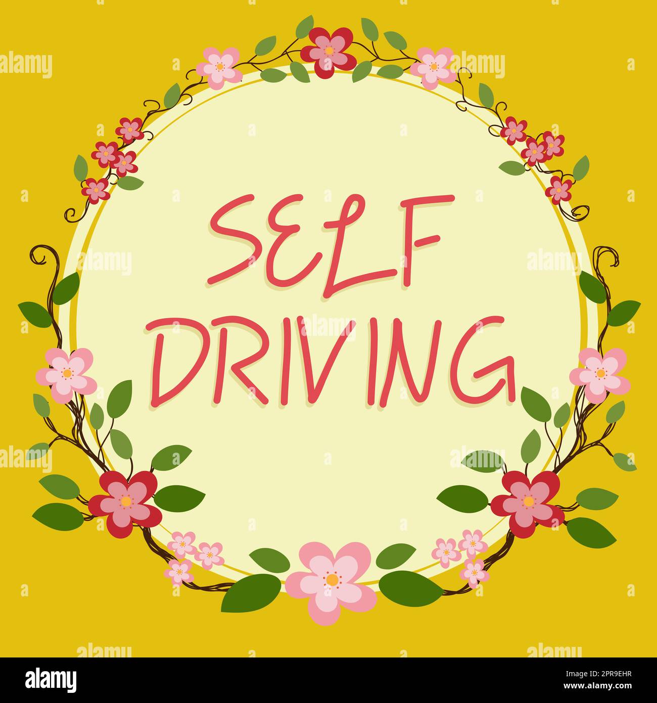 Affiche textuelle indiquant la conduite autonome. Concept Internet véhicule autonome capacité de naviguer sans intervention humaine cadre vierge décoré de formes abstraites modernisées fleurs et feuillage. Banque D'Images