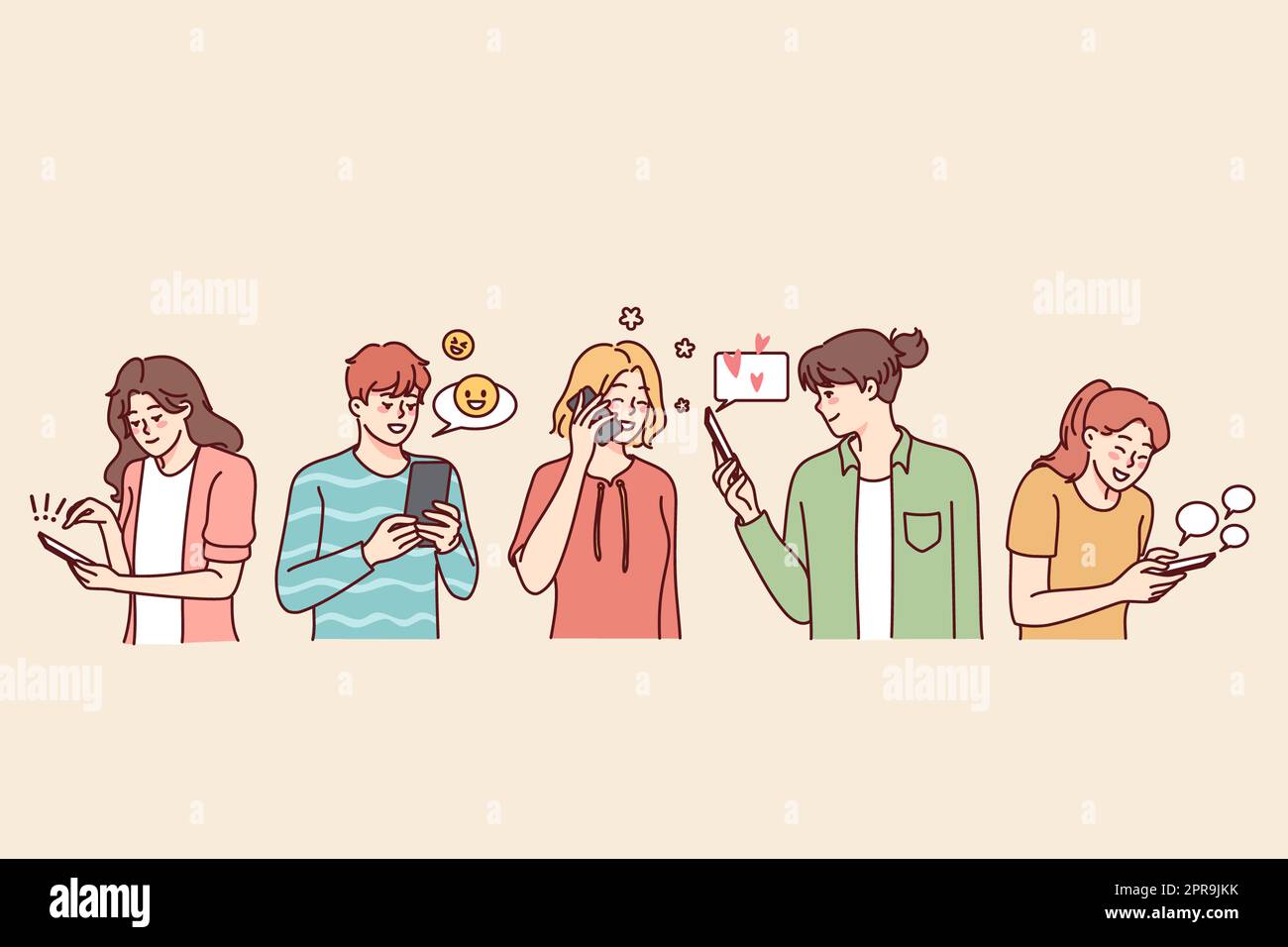 Divers utilisateurs utilisant des téléphones mobiles modernes bavardant et envoyant des SMS en ligne. Les hommes et les femmes qui utilisent la messagerie sur leur smartphone sur Internet ou sur les réseaux sociaux. Vecteur il Banque D'Images