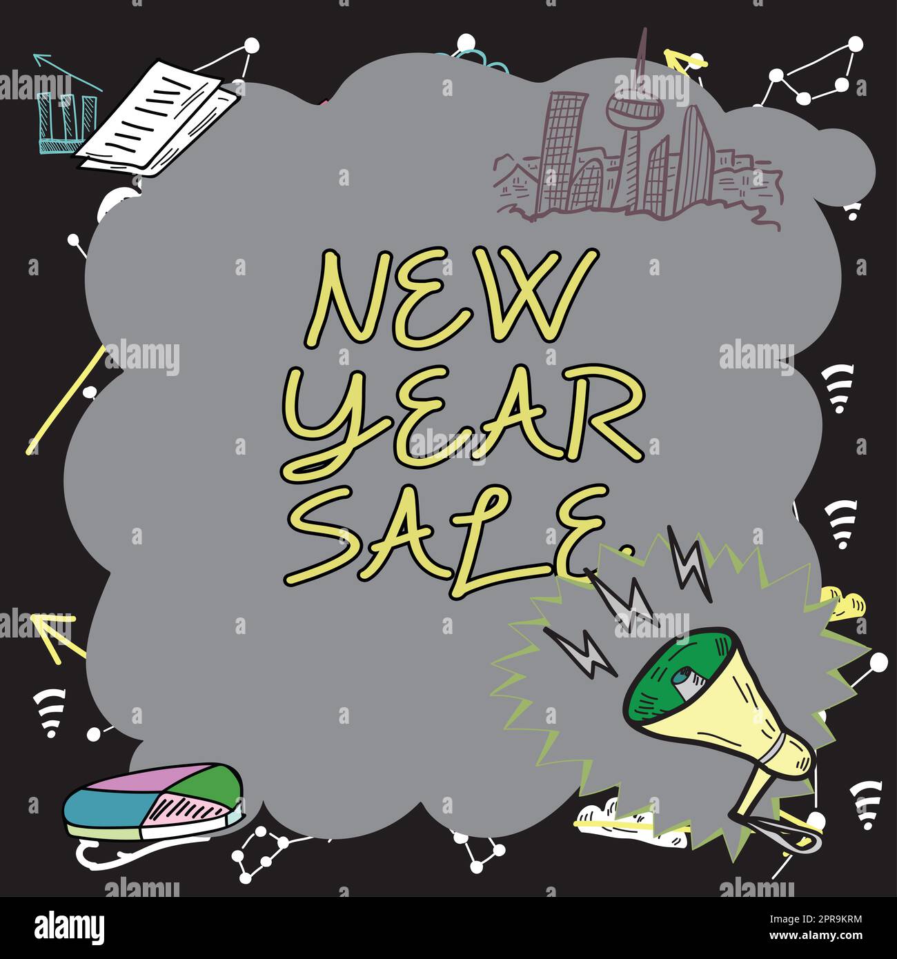 Texte présentant les soldes de la nouvelle année inspiration. Photo conceptuelle réductions finales de la saison des fêtes réductions de prix Offres messages importants présentés dans cadre avec Megaphone, carte et Skyline. Banque D'Images